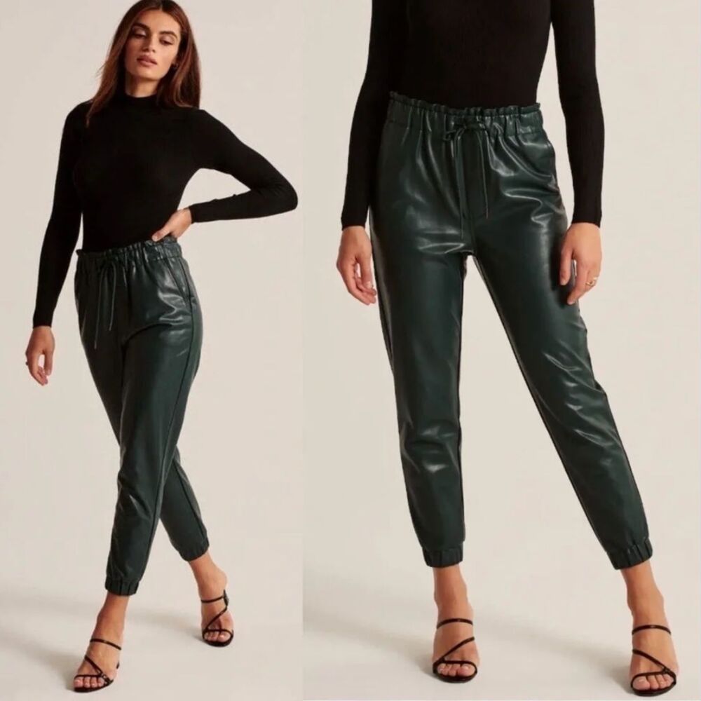 ABERCROMBIE & FITCH Vegan Leather Forest Green Paperbag Joggers Womens Small